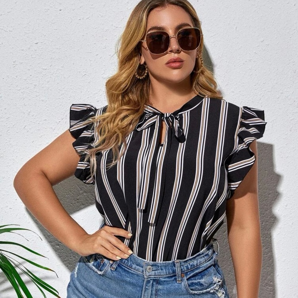 Striped Tie Neck Ruffle Trim Blouse / Size 1XL